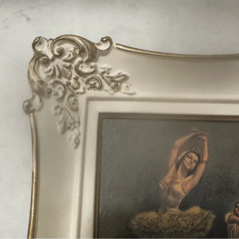 Vintage Ballerina Print Ornate Resin White/Gold Frame Hollywood Regency